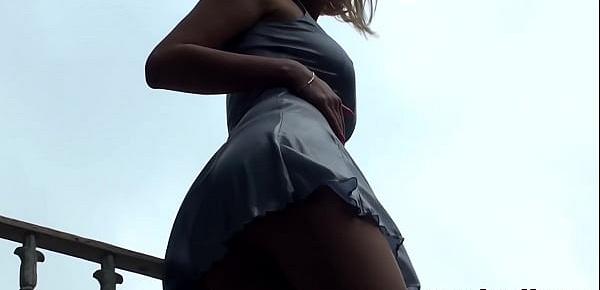  Slutty Blonde In Skimpy Dress Giving Camera Man Upskirt Pantyhosed Pussy Footage